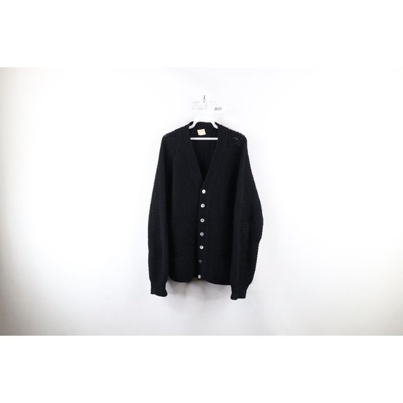 Vintage 40s 50s Mens Large Chunky Wool Knit Kurt Cobain Cardigan Sweater Black